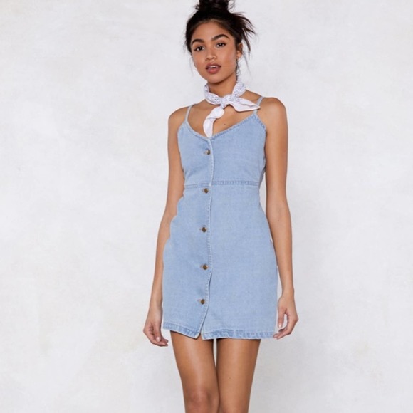 Nasty Gal | Spaghetti Strap Button Down Denim Mini Dress Jean Dress - Picture 1 of 9